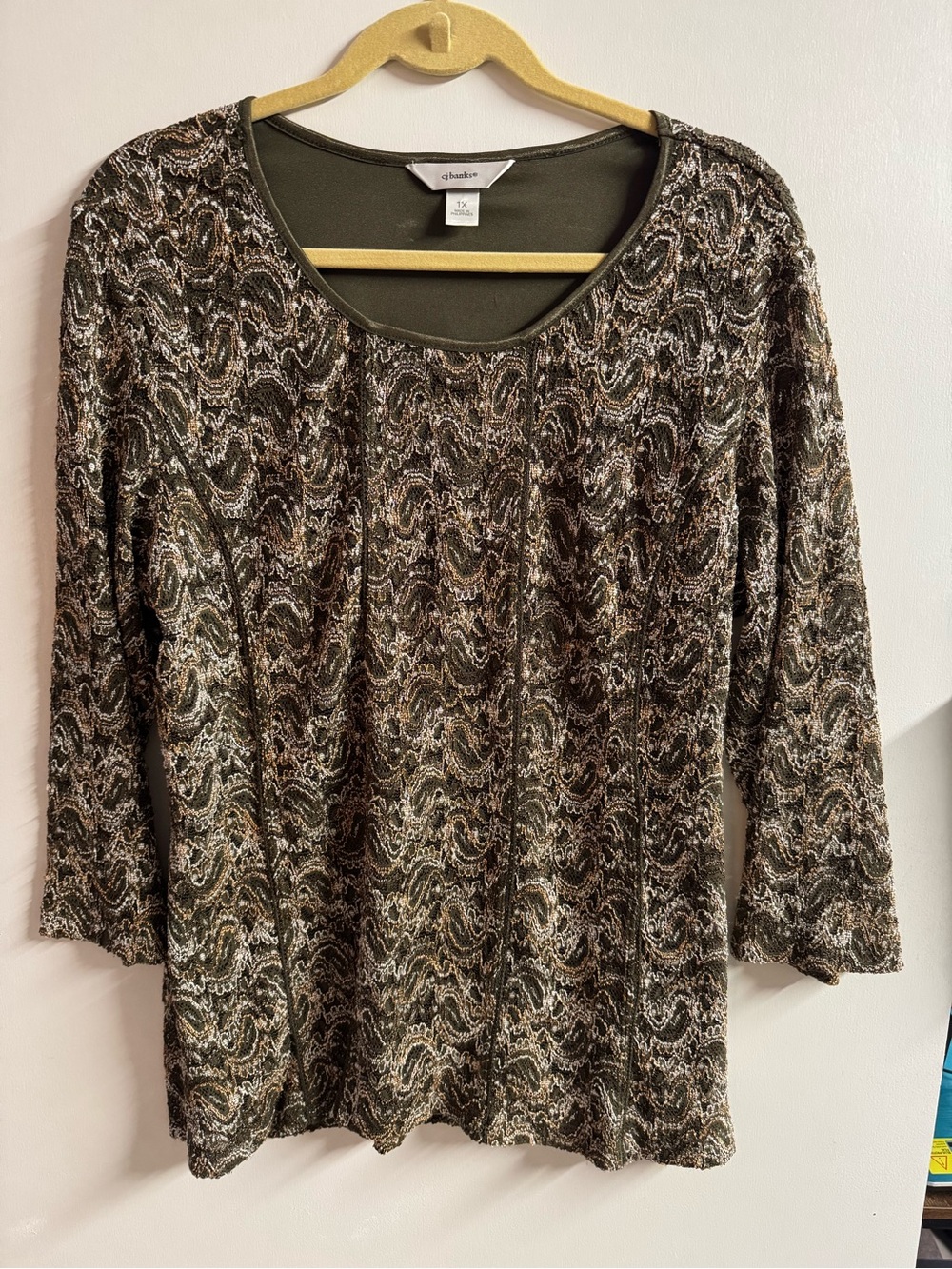 CJ Banks Olive Green Multi-Pattern Long Sleeve Scoop Neck Top
